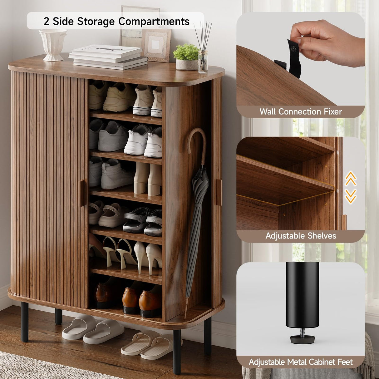 ONBRILL 6-Tier Shoe Cabinet with Sliding Door, Wooden Shoe Storage Cabinet with Adjustable Shelves, Mid-Century Modern Freestanding Shoe Storage Organizer for Entryway, Hallway, Living Room, Walnut ONBRILL