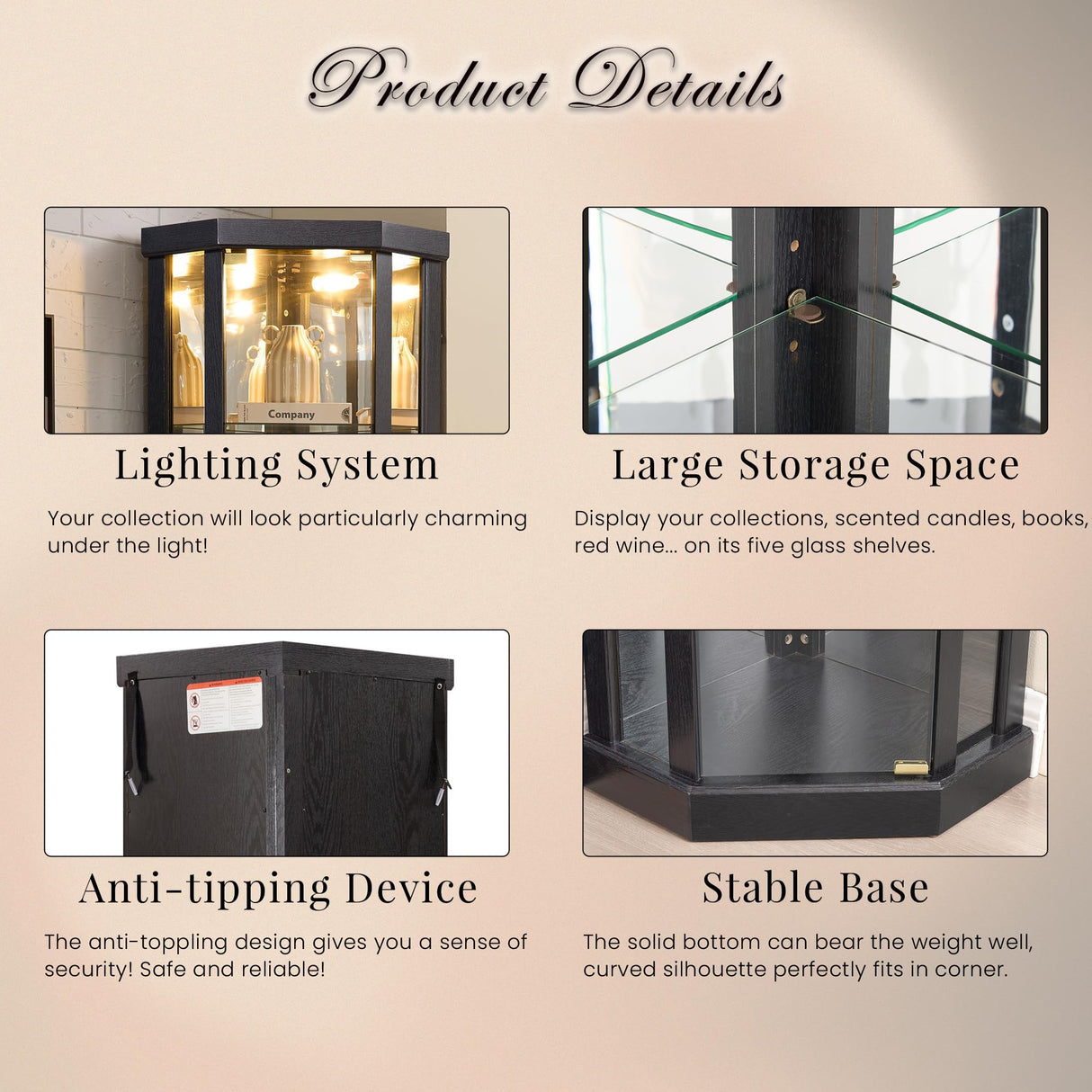 CKEASEAN Corner Curio Cabinet, 70" H Lighted Glass Display Cage with Tempered Glass Doors and 5 Adjustable Shelves, Light Bulb Inclued, Wine Bar China Cabinet for Living Room (Black) CKEASEAN