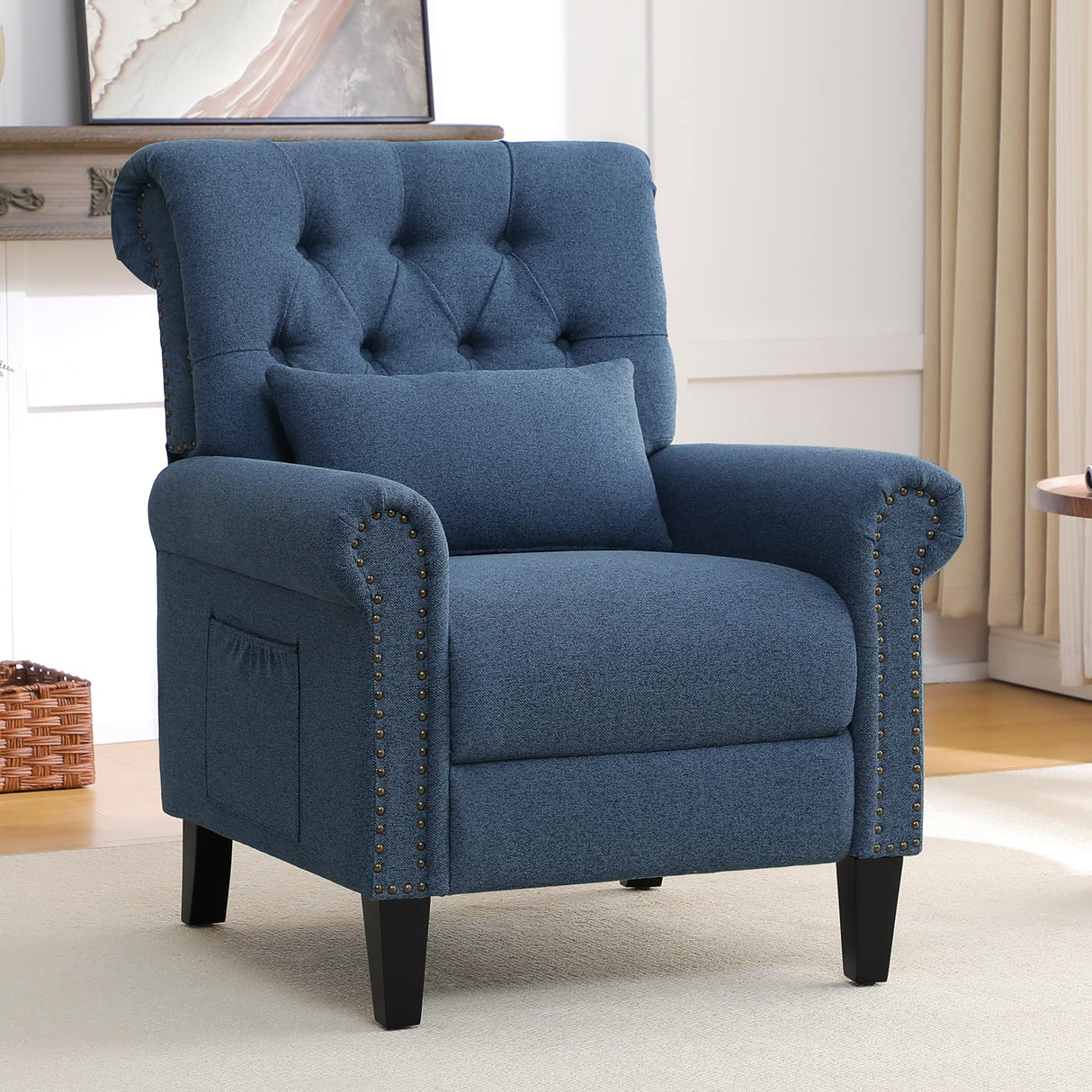 choairy Pushback Recliner Chair, Accent Push Back Chair with Adjustable Footrest Wingback, Upholstered Linen Fabric Reclining Sofa with Side Pocket, Comfy Modern Armchair for Living Room, Navy Blue choairy