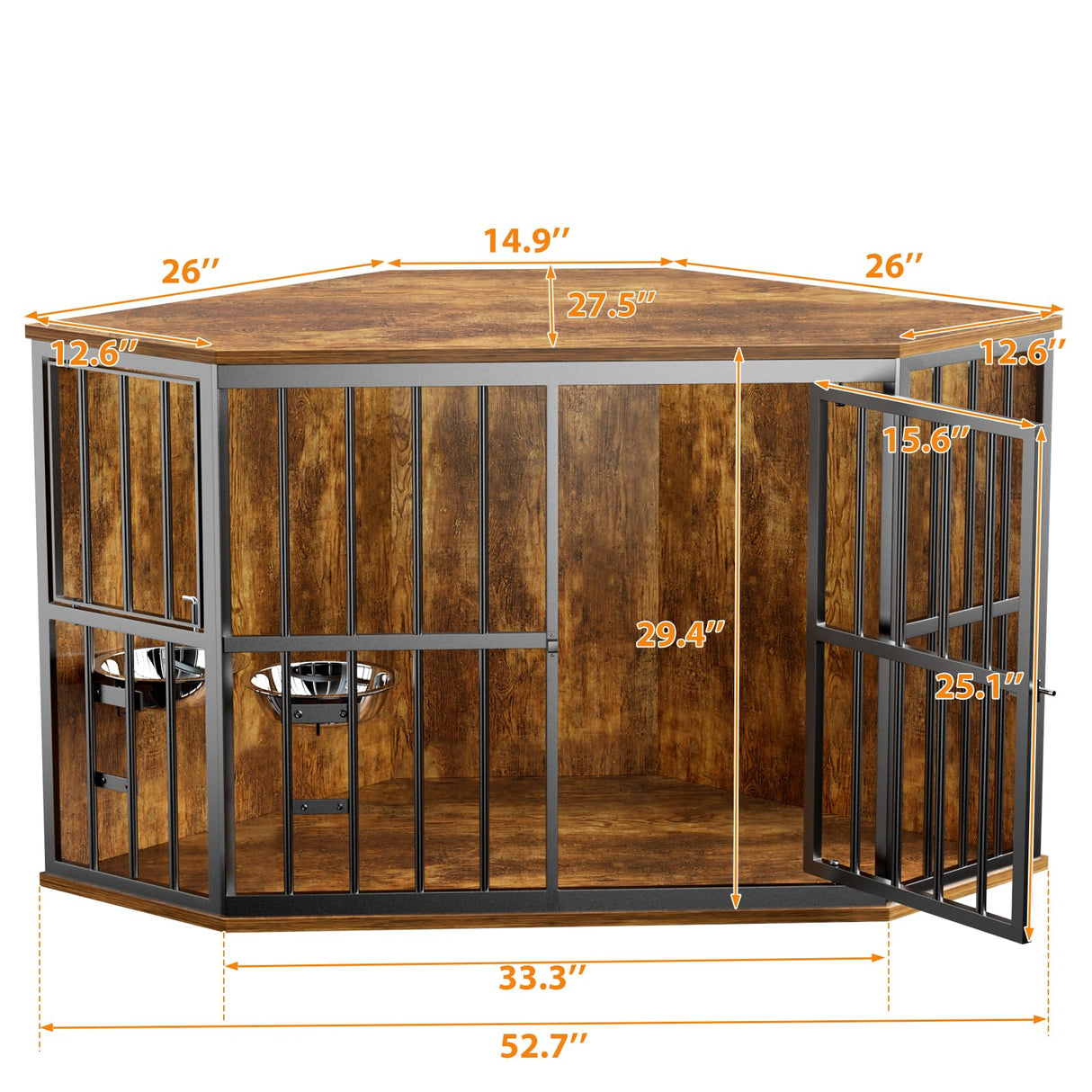 APRILSOUL 53 inch Furniture Dog Crate Corner, Dog Kennel Corner Wooden End Table with Bowl, Indoor Pet Crates Corner Side Table for Dogs, Wide Top Perfect for Limited Room APRILSOUL