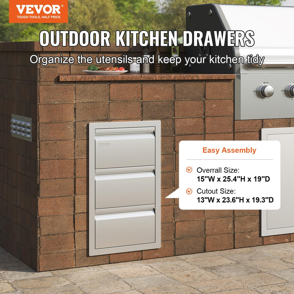 VEVOR Outdoor Kitchen Drawers 14.7" W x 25.4" H x 18.7" D, Box Frame Style Flush Mount BBQ Drawers with Stainless Steel Handle, BBQ Island Drawers for Outdoor Kitchens or Patio Grill Station VEVOR
