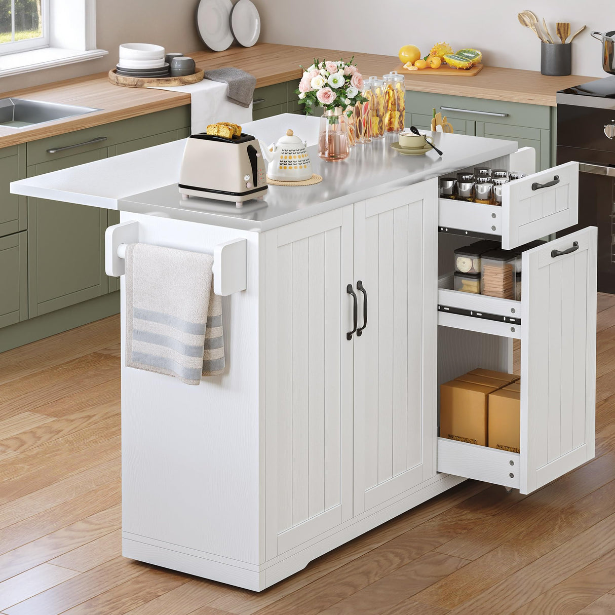 YITAHOME Kitchen Island with Stainless Steel Top, 54" Drop Leaf Kitchen Island with Storage, Rolling Carts with Pull-Out Cabinet, 3 Tier Slide Out Drawers & Shelves, 2 Doors Storage for Dining,White YITAHOME