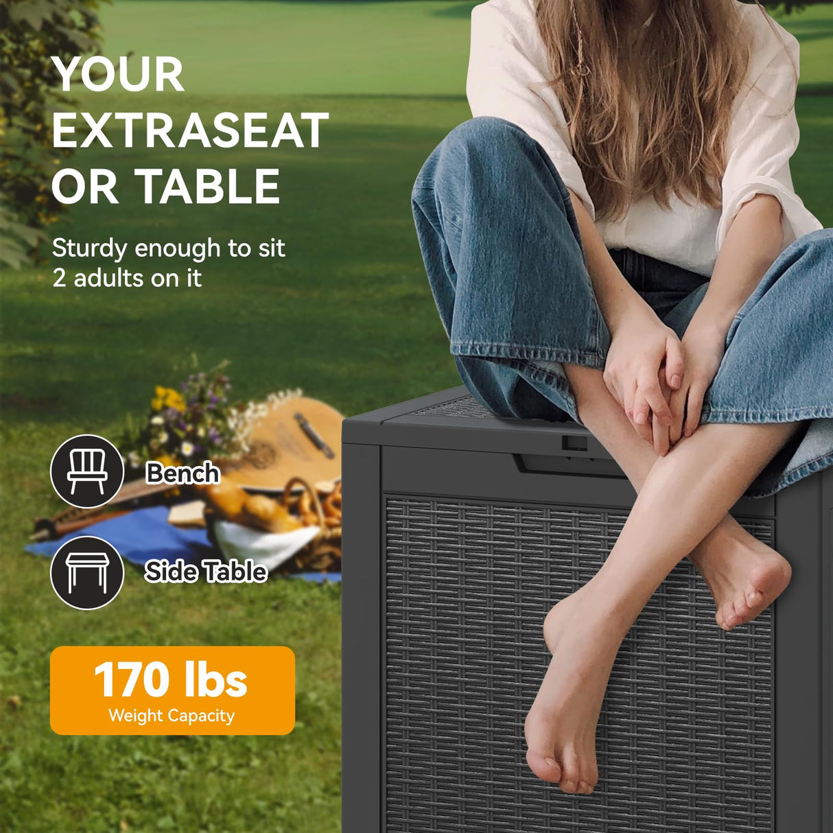 KAMABOKO 31 Gallon Outdoor Storage Box, Resin Deck Boxes Indoor and outdoor, Waterproof Storage Box Lockable Lid for Garden Tools, Package Delivery, Pool Supplies, Patio Cushions, Black KAMABOKO