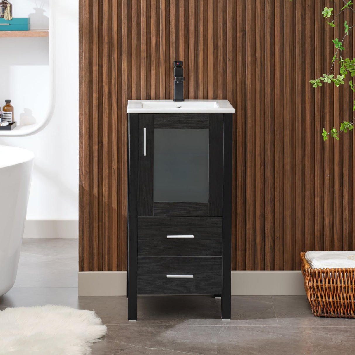 UEV 16" Modern Bathroom Vanity Set, Small Bathroom Vanity with Ceramic Basin, with One Door and Two Drawers, Minimalist Bathroom Vanity (Without Faucet) UEV