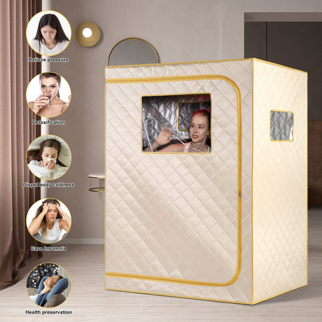 Smartmak Full Size Far Infrared Sauna, Two Person Home SPA with Time & Temperature Remote, Chairs, Light, Oversized 1 or 2 Person Privacy Indoor Saunas for Relaxation, BeigeGold Smartmak