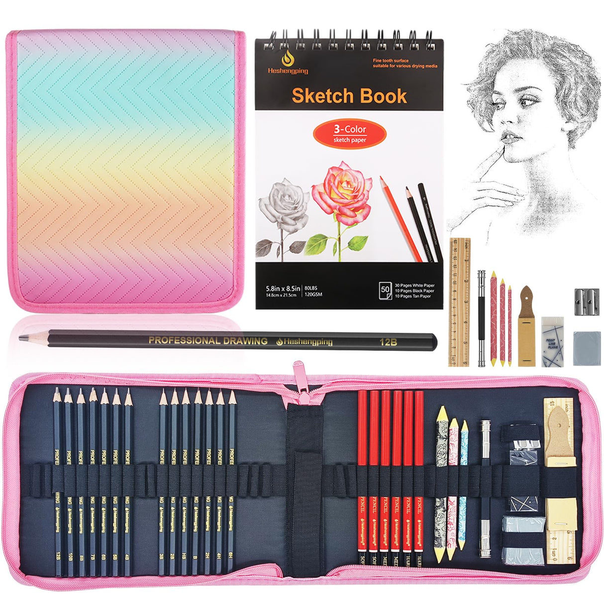 Heshengping 31 Pack Drawing Pencils Sketch Pencil Art Supplies Set for Adults Beginners Artists Pro Sketching Art Graphite Charcoal Blending Stump Pencils kit Heshengping