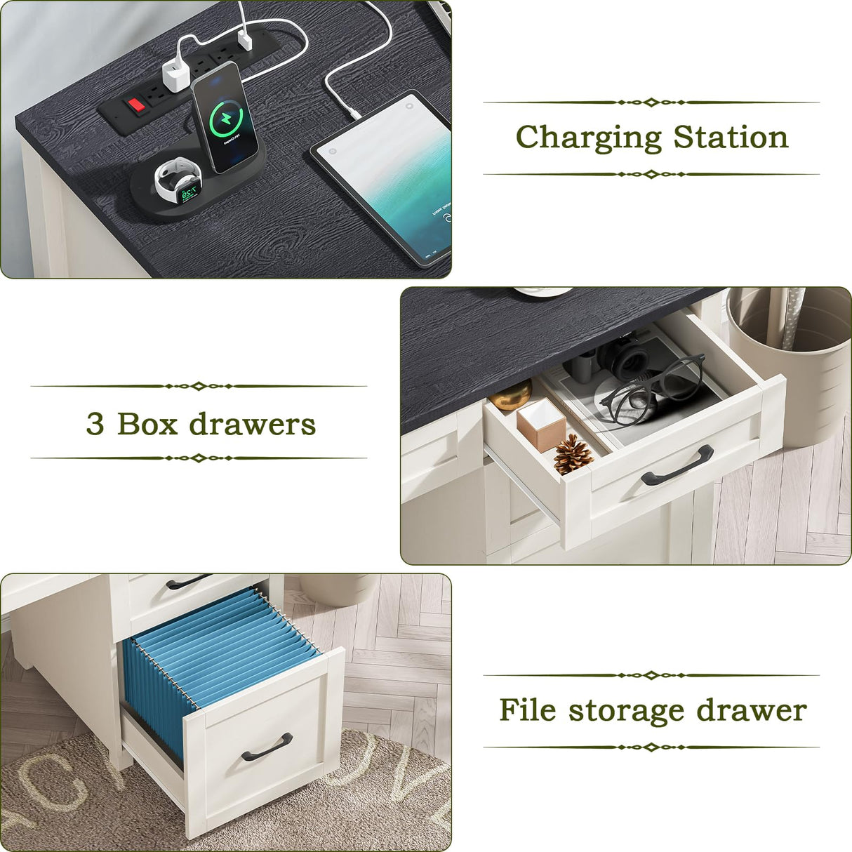 Vabches Farmhouse 47" Executive Desk, Computer Desk with File Drawer and Charging Station, Workstation for Home Office, Study,(Black). Vabches