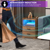 dnbss LED Nightstand with Charging Station, Smart Bedside Table with 24-Color RGB LED Lights, Charging Nightstand for Bedroom, Modern Nightstand Brown dnbss