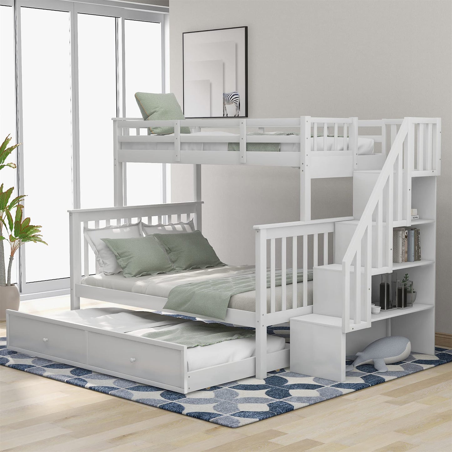 MERITLINE Twin Over Full Bunk Bed with Trundle, Wooden Bunk Bed with Stairway, Storage and Guard Rail for Kids, Adults (White)