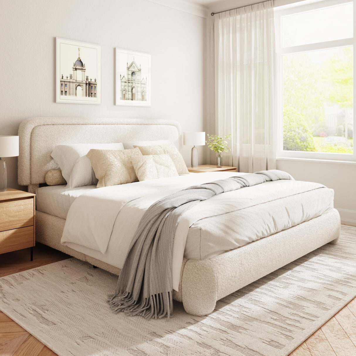 GLOLLOSPARK King Size Boucle Bed Frame, Cloud Upholstered Platform Bed with Height Adjustable Headboard & Soft Rounded Corners, No Box Spring Needed, Noise Free, Easy Assembly, Beige GLOLLOSPARK