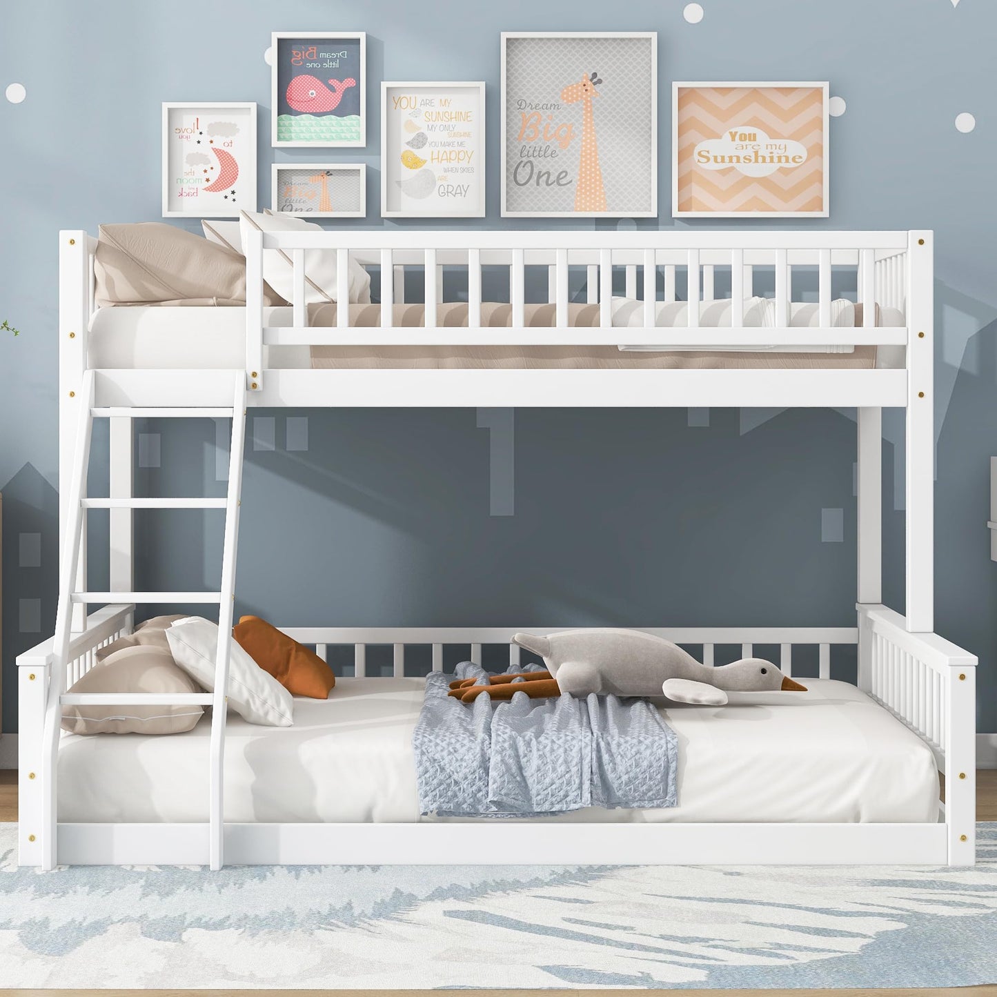 Merax Twin XL Over Queen Floor Bunk Bed, Kids White Wood Bunk Bed Frame with Ladder & Guardrails, Space Saving Teens Youths Beds for Bedroom, Guest Room, Noise Free, No Box Spring Needed, White