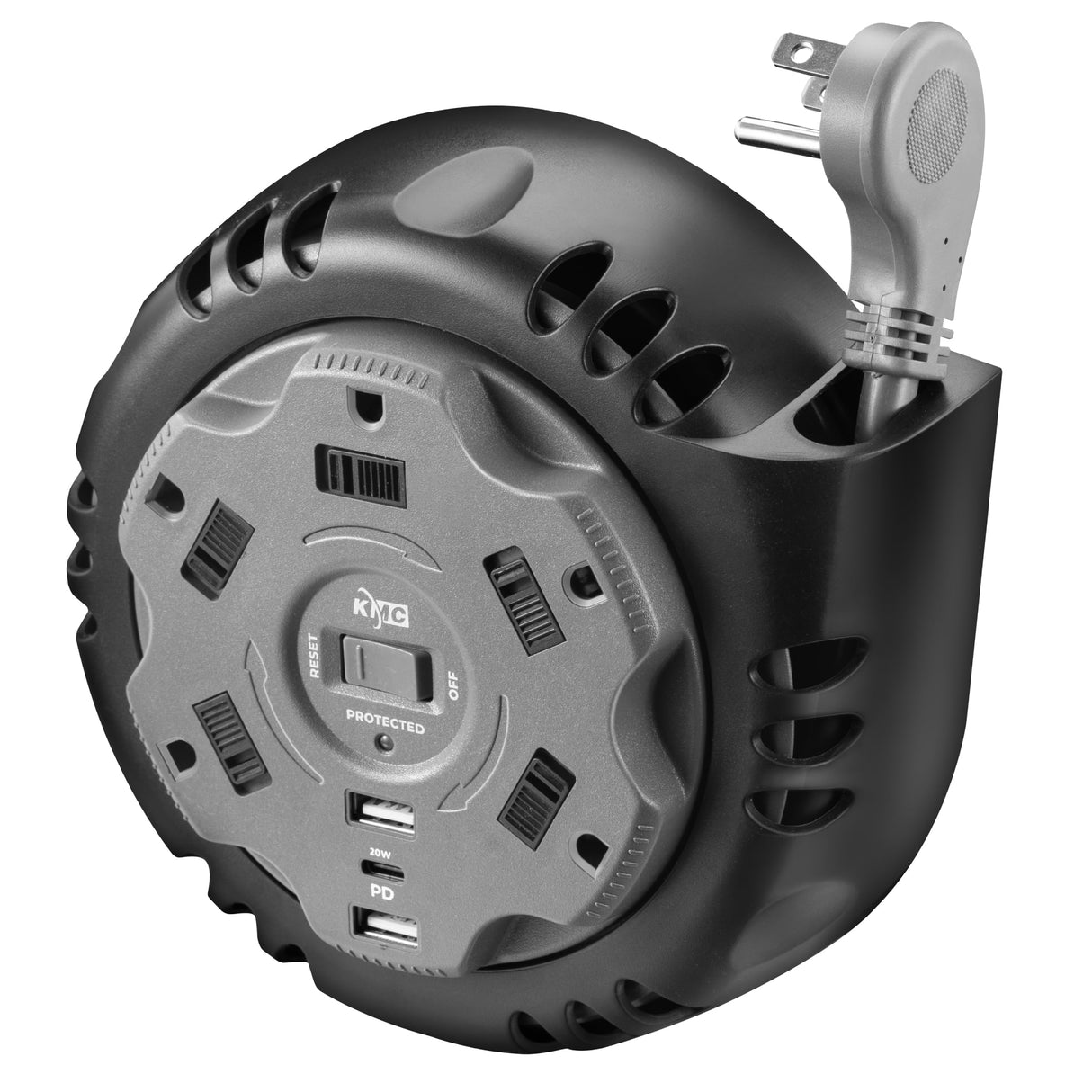 KMC 5-Outlet USB-C PD Surge Twist Retractable Power Strip Cord Reel, 2 USB-A & 1 USB-C Power Delivery, 735J Surge Protector, 8ft Retractable Extension Cord, 3-Prong Flat Plug, UL/ETL Certified, Gray KMC