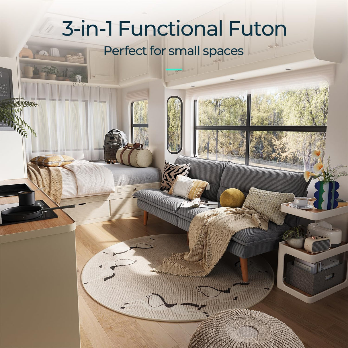 LINSY HOME Futon Sofa Bed - Convertible Corduroy Futon Couch Bed with Adjustable Backrest, Modern Small Loveseat Sleeper Sofa for Small Spaces, Living Room, Apartment or Office (Grey) LINSY HOME