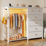EnHomee 49.2" W White Dresser for Bedroom with Hanging Rack,6 Drawer Dresser with LED Lights & Charging Station, Fabric Dressers & Chest of Drawer with Clothes Rack, Wooden Top, Grid Panel, Closet EnHomee