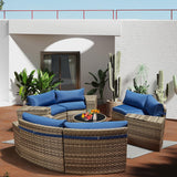 ECOTOUGE Outdoor Patio Furniture, 11-Piece Half-Moon Sectional Patio Furniture Set Curved Sofa with Tempered Glass Round Coffee Table, Fit for Pool Backyard Balcony Porch Lawn(Blue) ECOTOUGE