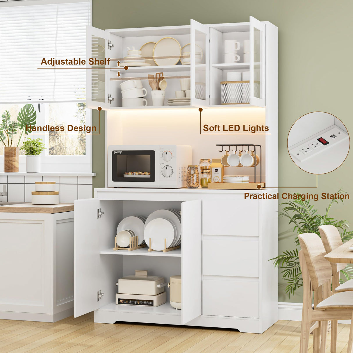 71" Tall Finetones Multi-functional Kitchen Pantry Cabinet with LED Lights and Charging Station finetones