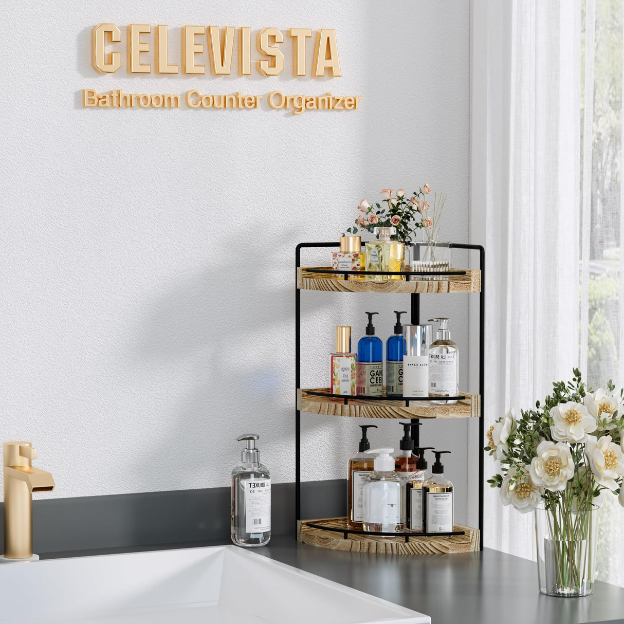 CeleVista Corner Bathroom Counter Organizer, 3 Tier Bathroom Storage Countertop for Skincare, Sink Shelf for Kitchen Decor, Vanity, Dresser, Makeup, Gift(Rustic Brown) CeleVista