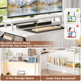 Aheaplus L Shaped Gaming Desk with Power Outlets & LED Lights, Small L- Shaped Desk Computer Corner Desk with Monitor Stand & Storage Shelf, Home Office Desk Writing Desk with Storage Bag, White Aheaplus