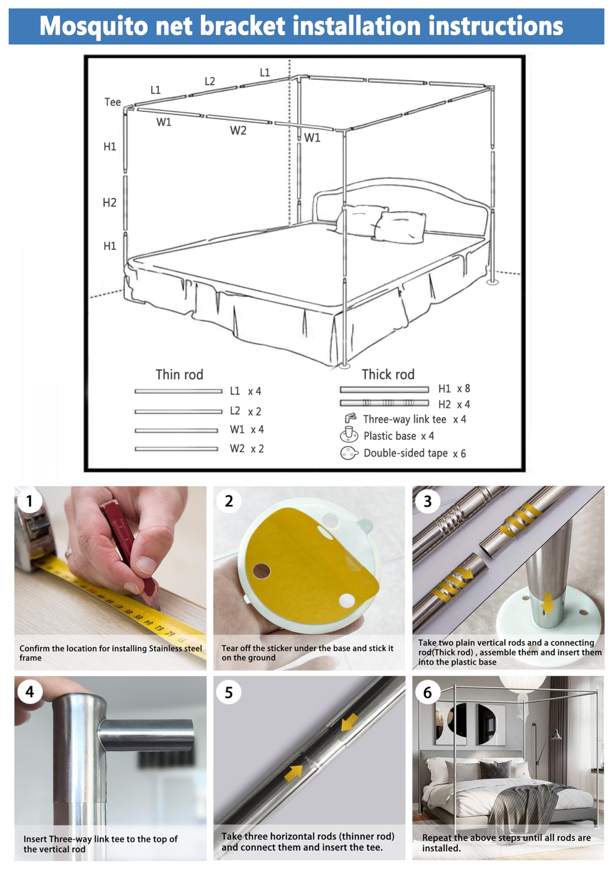 Niemro Canopy Bed Frame, Metal Stainless Steel Four Corner Bed Mosquito Net Frame Bracket Fit for Queen Size Bed, Firmly Fixed to Floor and Not Wobbly. Niemro