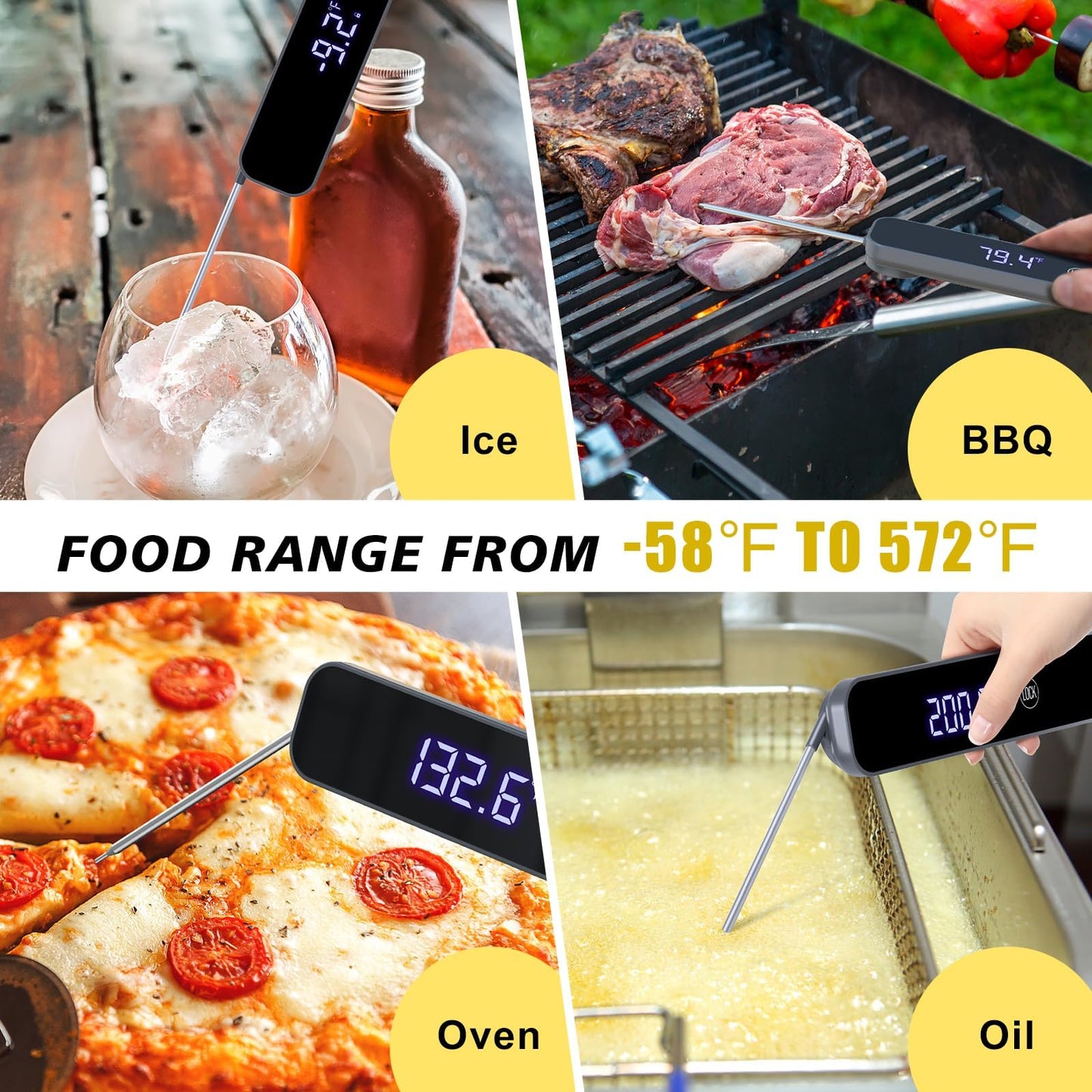 Meat Thermometer Digital, Homtronics 1s Instant Read Thermometer, Waterproof Professions Kitchen Cooking with 180° Reversible Backlight LCD, Food Thermometer Probe for Beef BBQ Grilling Smoker Baking