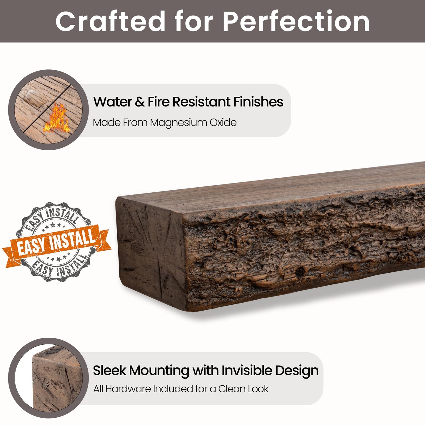 FLYJOE Faux Wood Fireplace Mantel Shelf 52” Long Floating Shelf Wall-Mounted Mantel Fire-Proof Raw Edge Rustic Wood Wall Storage Decor, Brown 52”Wx9”Dx5.5”H