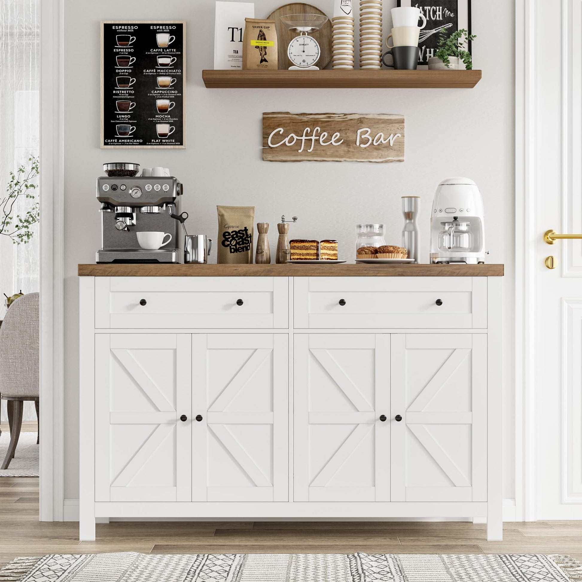 HOSTACK 55" Buffet Sideboard Cabinet with Storage, Modern Farmhouse Coffee Bar Cabinet with Drawers and Shelves, Barn Doors Storage Cabinet for Kitchen, Living Room, White - WoodArtSupply