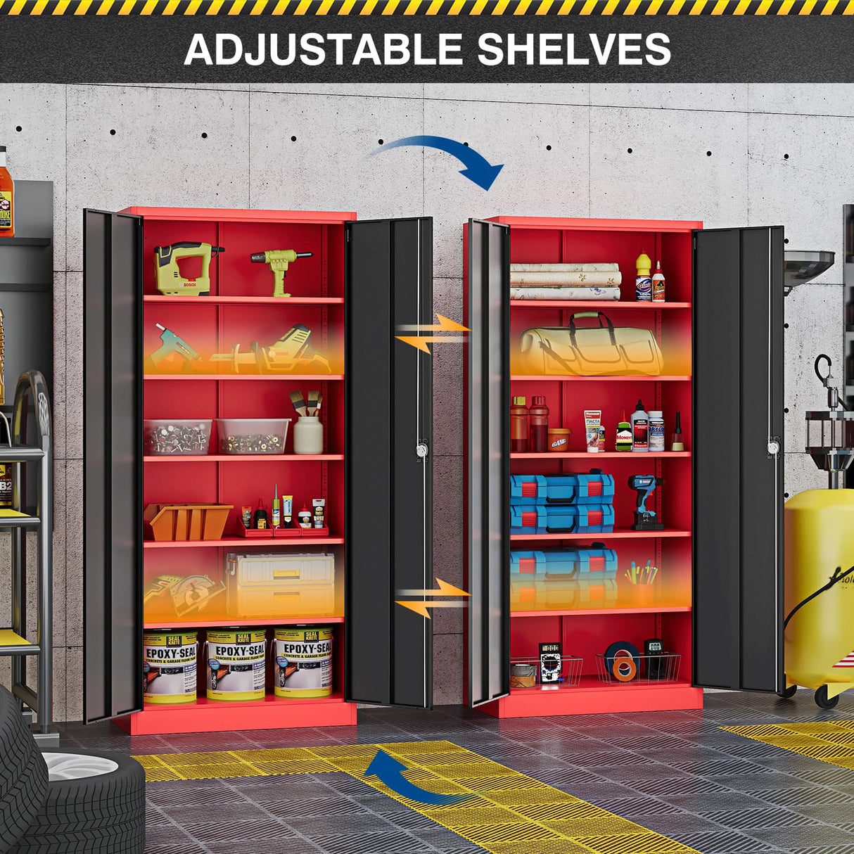 Fesbos Metal Storage Cabinet-72” Tall Steel File Cabinets with Lockable Doors and Adjustable Shelves-Black&Red Steel Storage Cabinet for Kitchen, Office, Garage Fesbos