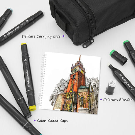 Kebuye Alcohol Based Markers 24 Colors, Drawing Supplies for Adult Coloring Books No Bleeding Dual Tip Art Markers, Coloring Marker for School Sketching Colored Marker Set with Base Kebuye