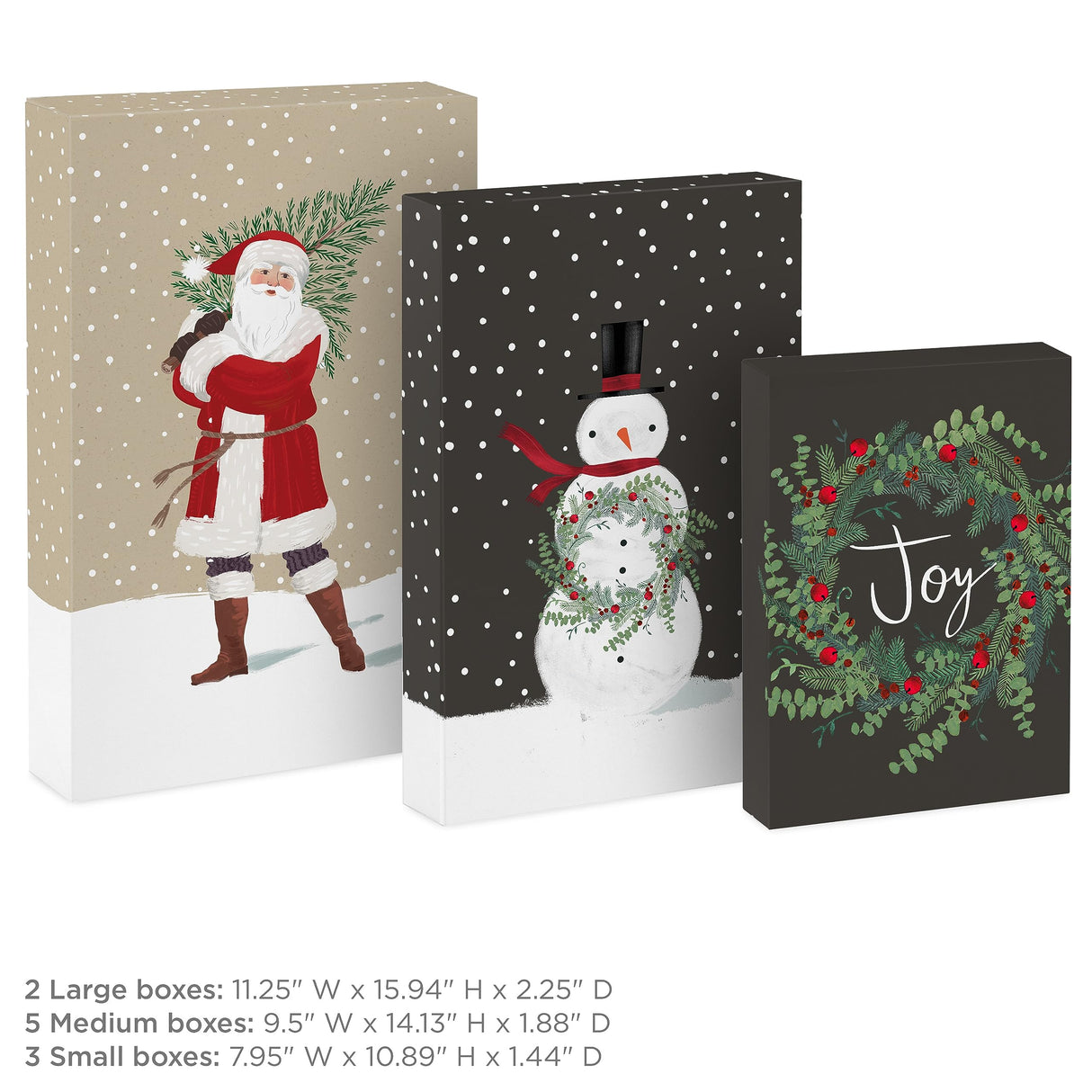 Hallmark Christmas Shirt Boxes for Presents (10 Clothes Boxes with Lids: 3 Small 11", 5 Medium 14", 2 Large 16") Red, Green and Black Plaid, Snowmen, Santa, Winter Greenery Hallmark