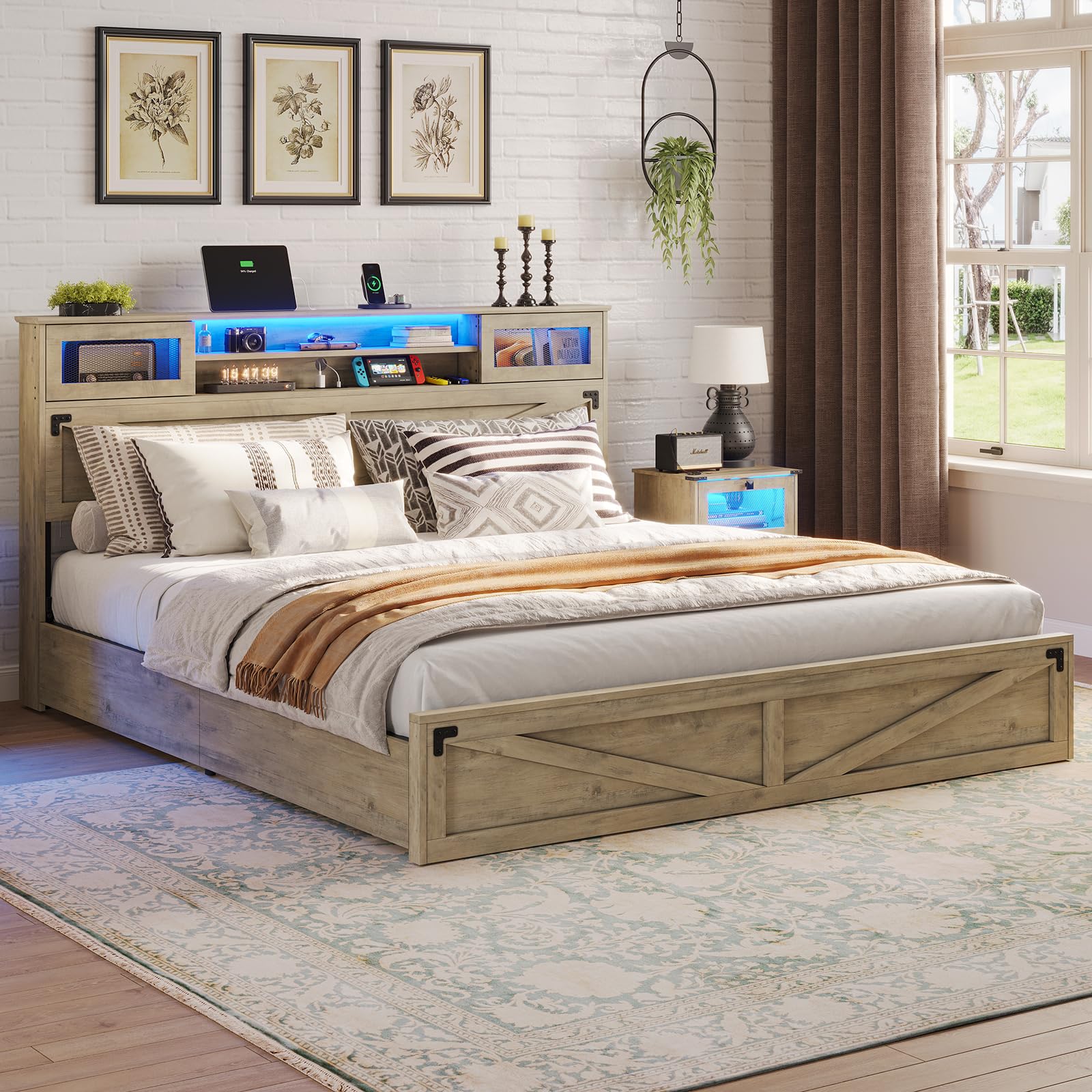 Hasuit Rustic Brown King Size Farmhouse Bed Frame with Bookcase Headboard, LED Lights, and Built-in Charging Station - WoodArtSupply