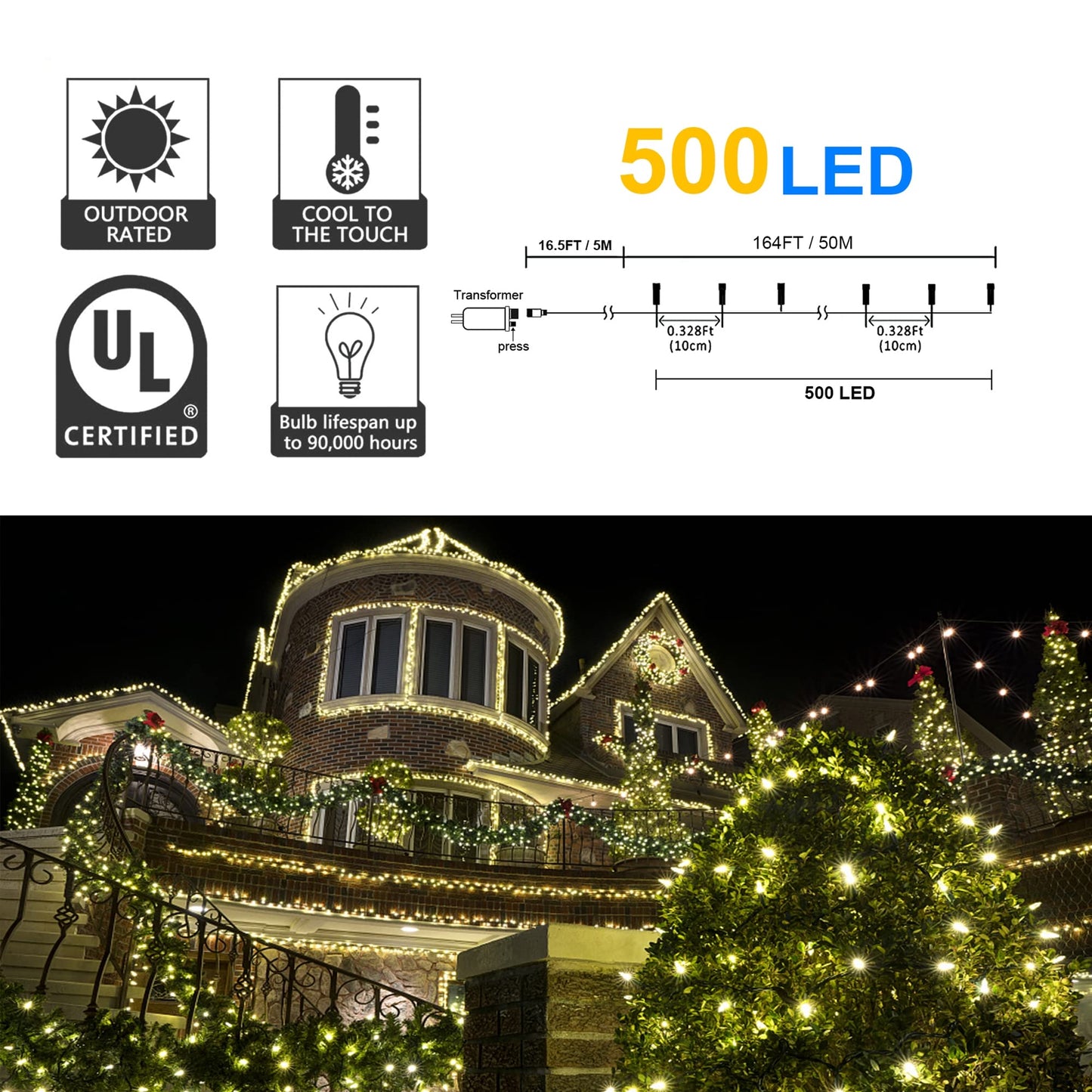 weillsnow 164Ft 500 LED Christmas Lights, Waterproof 8 Twinkle with Memory Functions Christmas Tree Lights for Indoor Outdoor Christmas Tree Garden Decoration (Warm White)