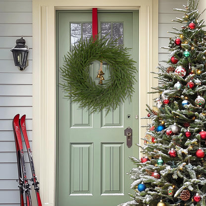 Dolicer Christmas Wreath - 24" Real Touch Norfolk Pine Wreath, Christmas Wreaths for Front Door Artificial Pine Green Wreath with Bell for Wall Windows Mantle Outdoor Outside Christmas Decoration