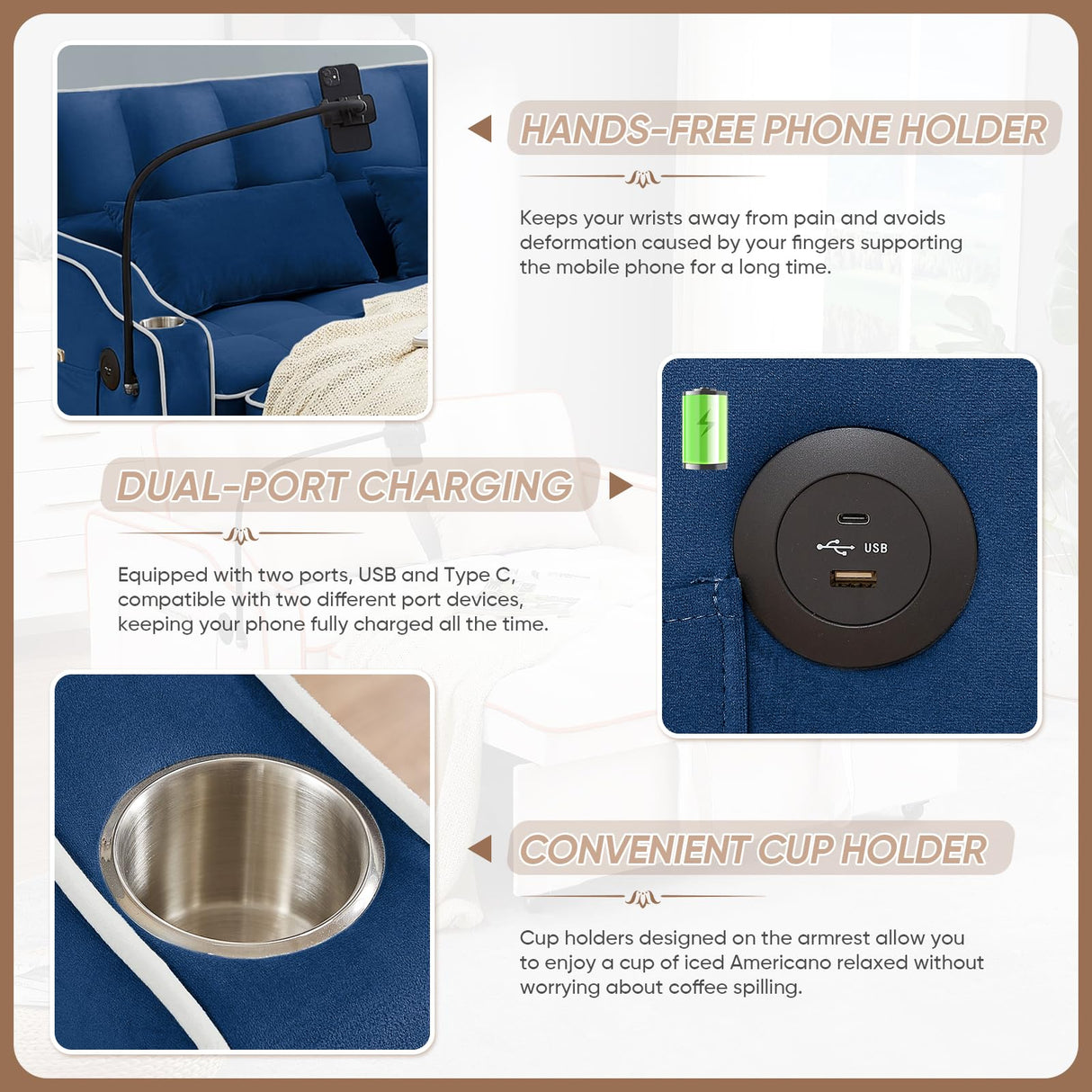 Sleeper Sofa Couch Bed with USB & Type C Port, Modern 3-in-1 Convertible Velvet Pull Out Loveseat Futon Sofa w/Phone Holder/Cup Holder for Living Room Apartment, Adjustable Backrest, Blue Antetek