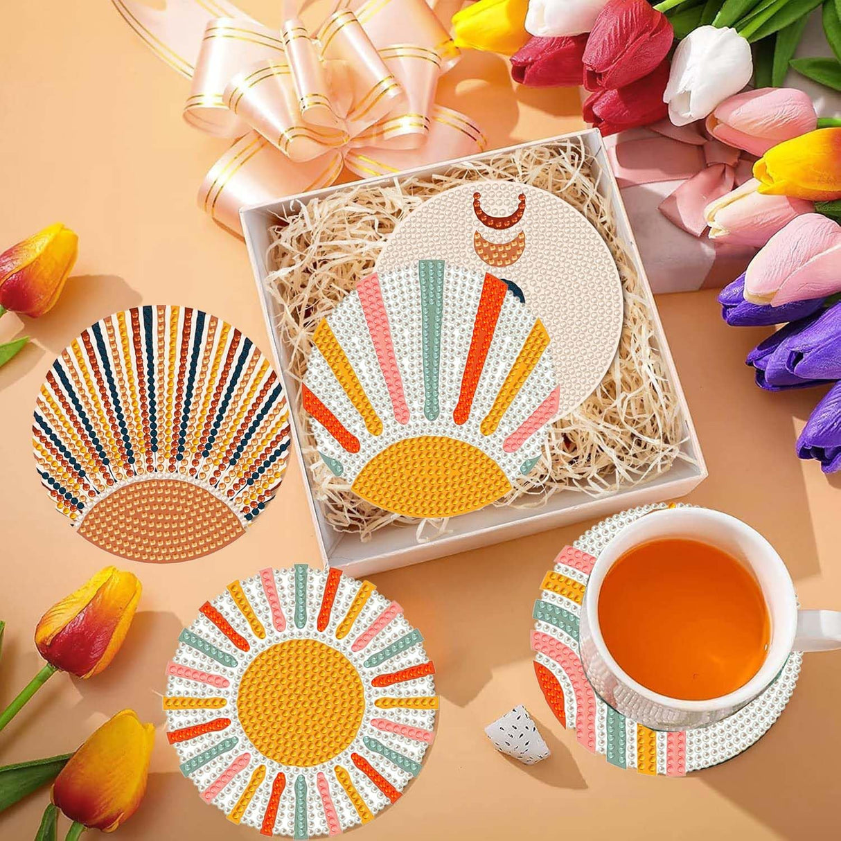 5D DIY Boho Minimalist Sun Moon Diamond Paintings Coasters with Holder for Adults Beginners, 6 pcs Round Full Drill Diamond Art Craft Supplies (Sun Moon QLBD-16) Generic