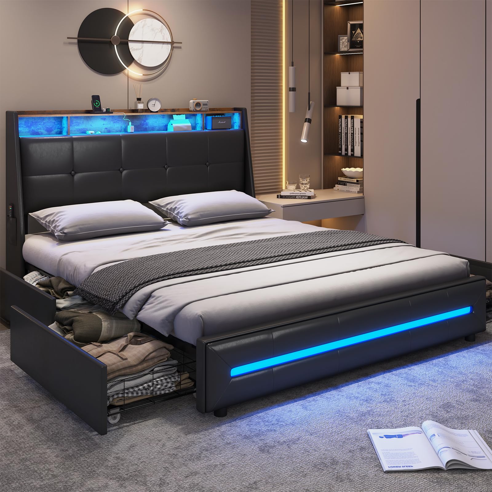 MSmask Full Black Platform Bed with Smart LED Lights, USB Ports, Storage Drawers & Wingback Headboard - WoodArtSupply