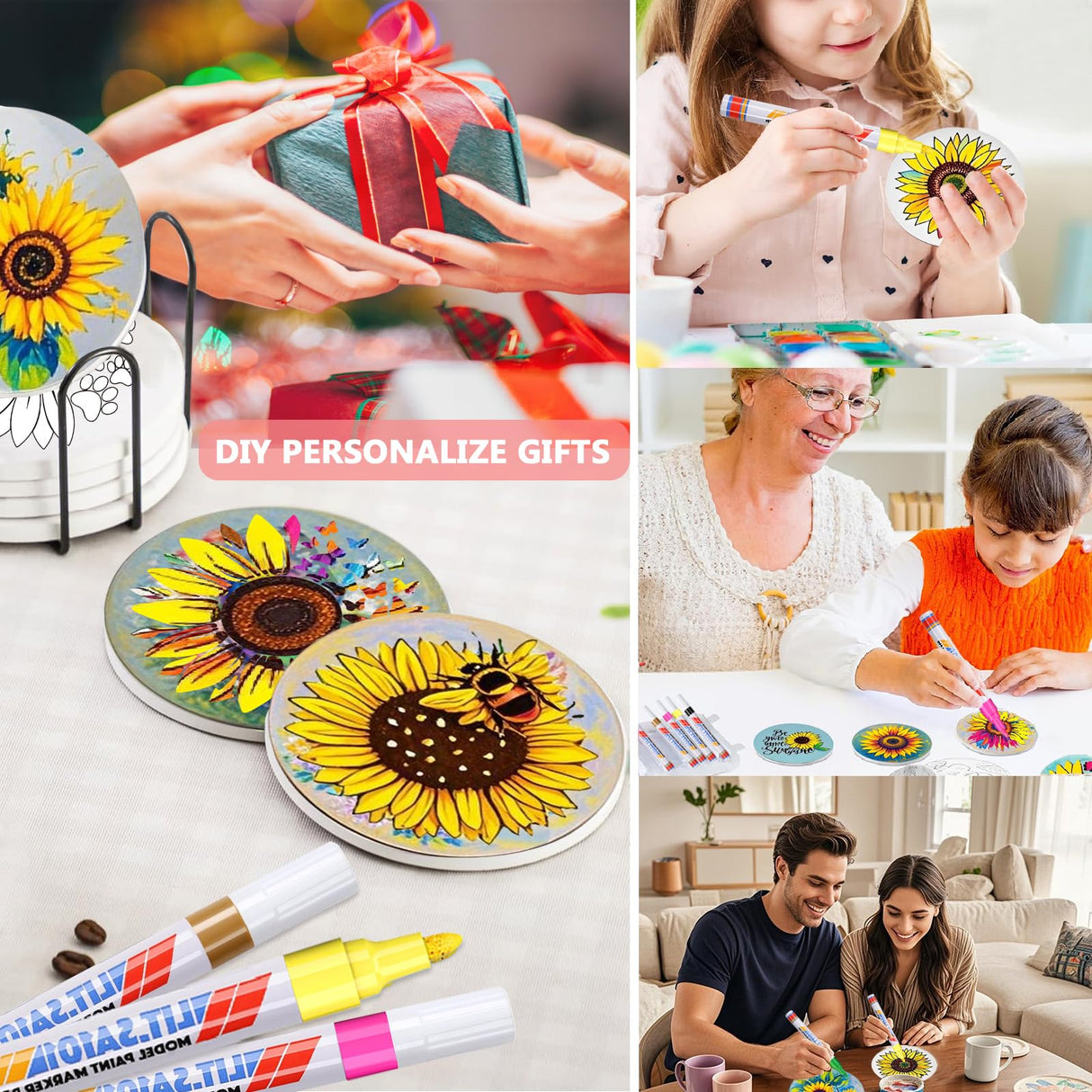 Paint Your Own Sunflower Coaster with Markers,Teens Arts and Crafts Kit,6 Absorbent Ceramic Tiles with Cork Base,DIY Painting Kit Sunflower Gifts for Women,Craft Enthusiasts All Ages,Seniors,Adults DoYoMo