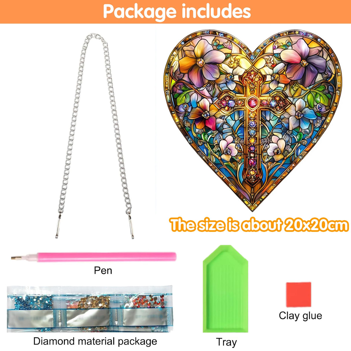 Zariocy Hanging Diamond Art Ornament Heart Shaped Cross Kits for Adults, Crystal Sun Catcher Pendant, DIY Diamond Painting Acrylic Board, Front Door Sign & Window Hanging Decor for Home, Wall 8x8 inch Zariocy