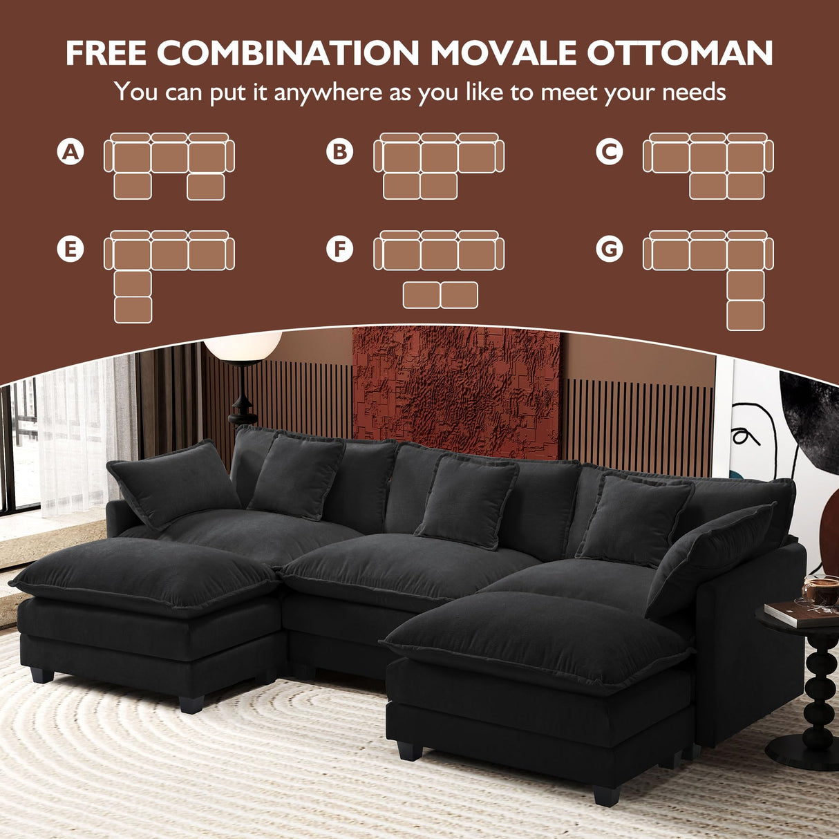 Ihanherry U-Shaped Modern Sofa 111.4" Modular Sectional Cloud Couch with 2 Ottoman, 5-Seat Chenille Deep Seat Sofa with 5 Pillows for Living Room, Black Ihanherry