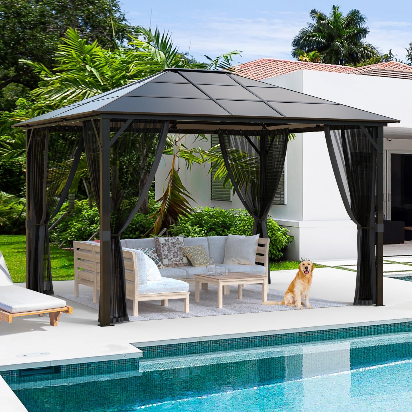 10x12 Hardtop Gazebos,Heavy Duty Gazebo,Outdoor Gazebo with Full Aluminum Frame,Polycarbonate Roof,Mosquito Netting,Permanent Metal Pavilion Gazebo for Backyards,Patios