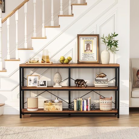 Semoic 3-Tier Industrial Bookshelf, Wide Wood Horizontal Bookcase, Open Large Book Shelf with Metal Frame, Display Rack Shelving Unit, Storage Organizer for Living Room, Bedroom & Study, Brown Semoic