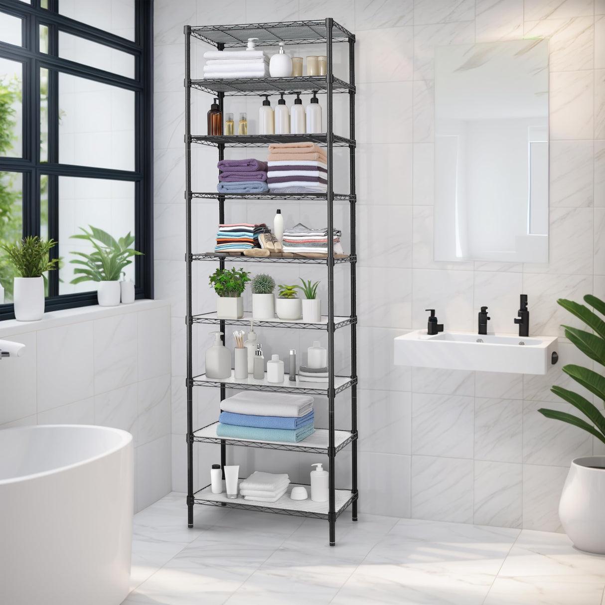 Finnhomy 9-Tier Wire Shelving Unit Adjustable Steel Wire Rack Shelving, 81 Inches Height 9 Shelves Metal Storage Rack, Pantry Shelves for Storage with PE mat, NSF Certified, Black Finnhomy