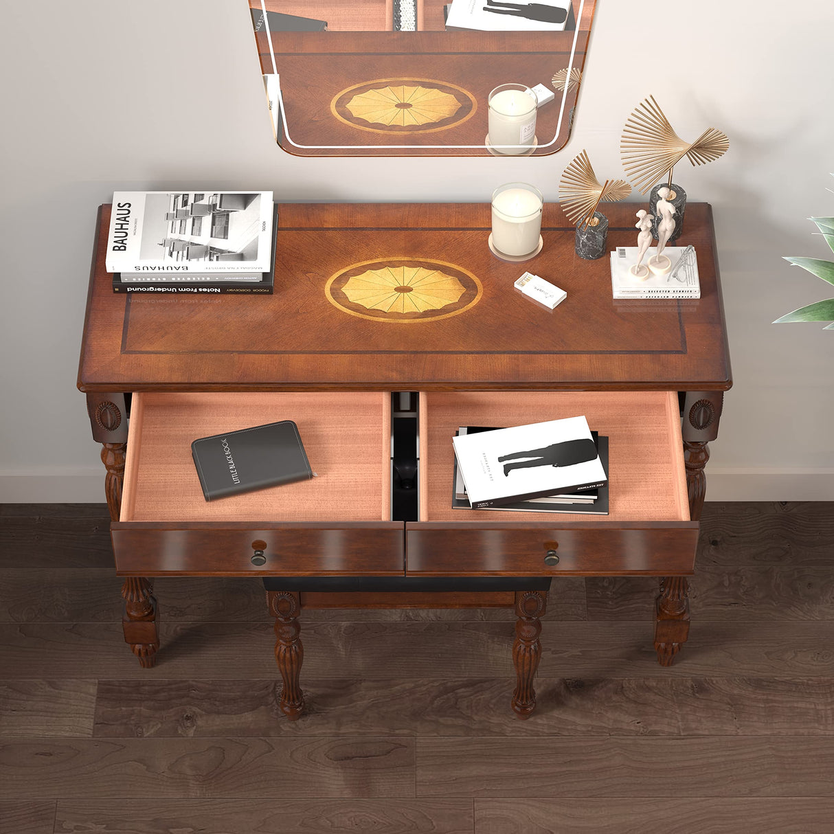 MODERION Solid Wood Computer Desk with 2 Drawers, Traditional Vanity Dressing Table, 46” Home Office Writing Desk, Workstation Easy Assembly Cherry MODERION