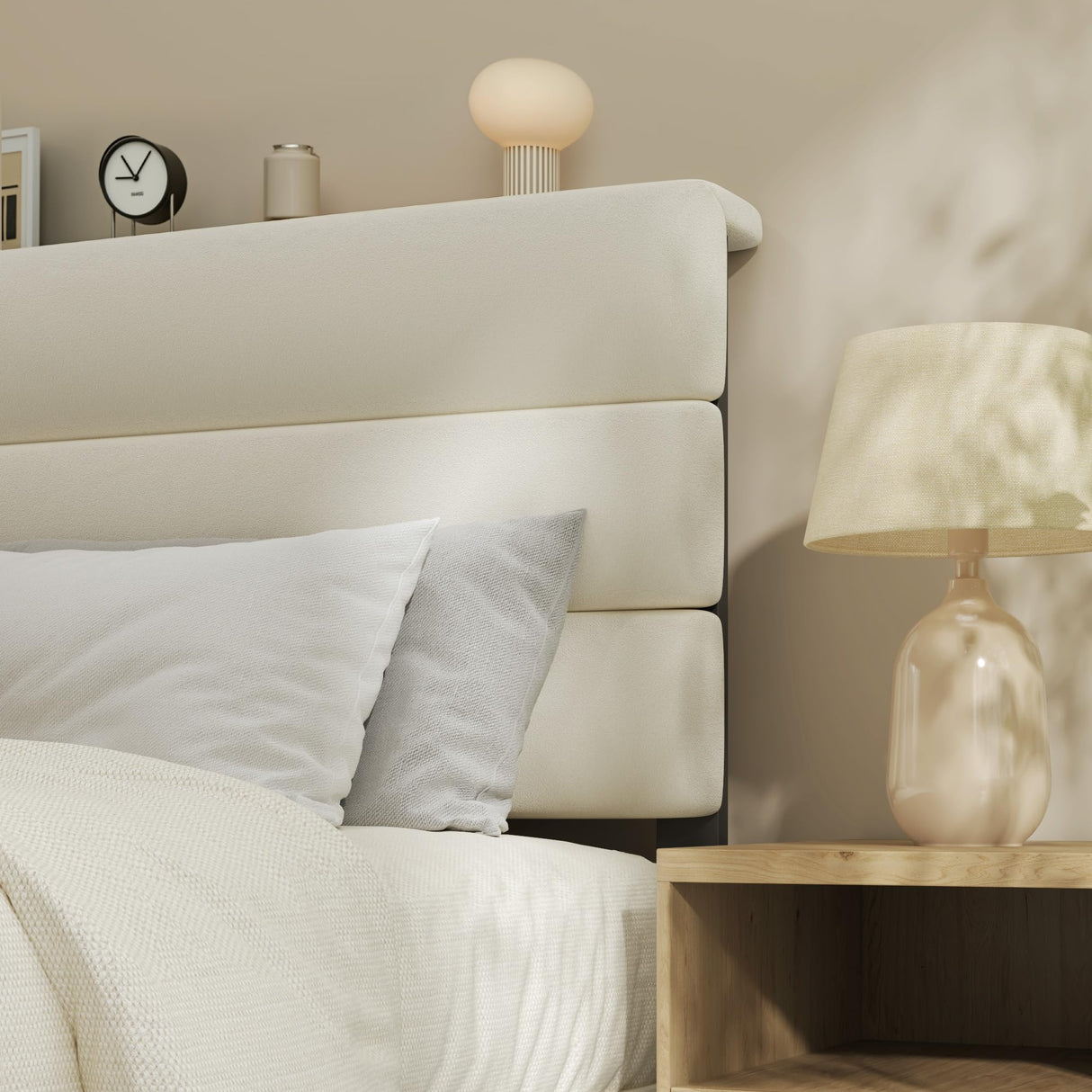 Fluest Queen Bed Frame, Platform Bed Frame with Velvet Upholstered Headboard, No Box Spring Needed, Sturdy Metal Support, Noise Free, Easy Assembly, Modern Bedroom Furniture, Beige Fluest