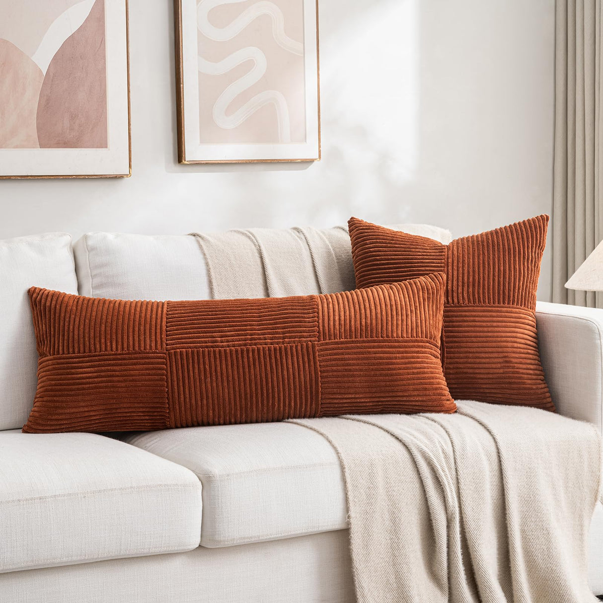 Fancy Homi 2 Packs Rust Boho Decorative Throw Pillow Covers 18x18 Inch for Couch Bed Sofa, Farmhouse Fall Home Decor, Soft Corss Corduroy Patchwork Textured Terracotta Accent Cushion Case 45x45 cm Fancy Homi