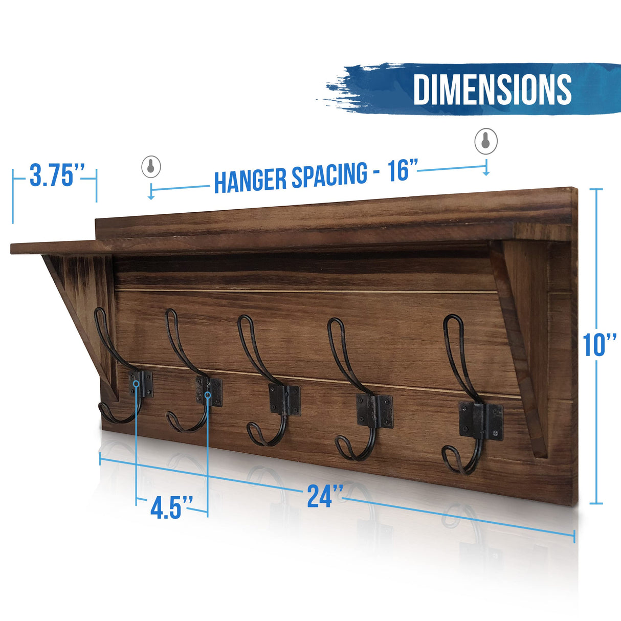 HBCY Creations Rustic Brown Solid Wood Wall Mounted Coat Rack with Shelf, 5 Hooks, 24" Long - Kitchen, Mudroom, Entryway, Bathroom - Includes Mounting Hardware, Coat Hanger, Dog Leash Hooks HBCY Creations