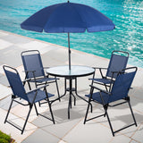 Shintenchi 6 Piece Patio Dining Set with Umbrella, Outdoor Furniture Set with 4 Folding Chairs and Tempered Glass Top Dining Table fot Lawn Backyard Garden Porch Blue Shintenchi