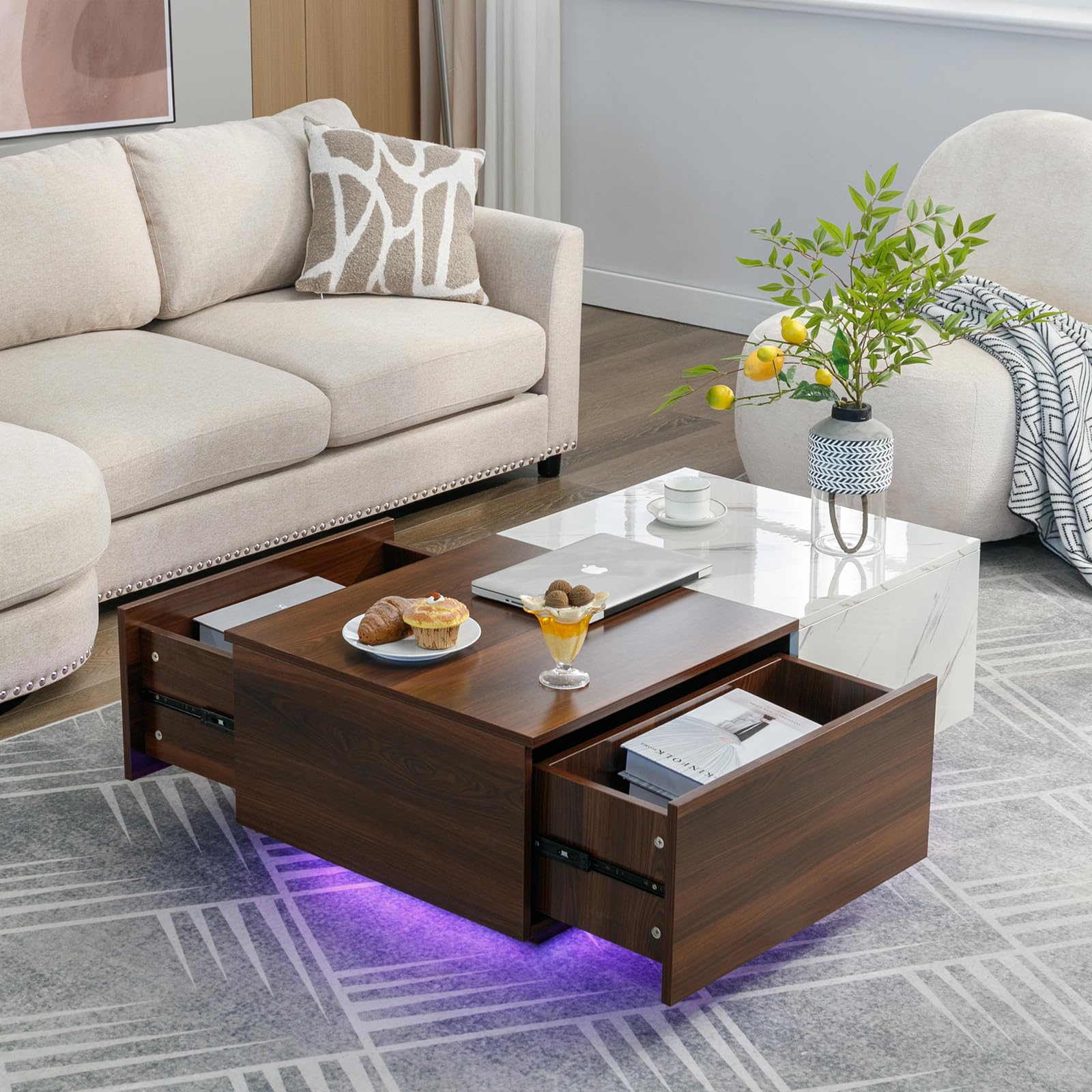 COSVALVE 43" LED Coffee Table for Living Room, Marble Coffee Tables with 2 Storage Drawers, Modern Center Table with 24 Colors LED Light, Walnut and White - WoodArtSupply