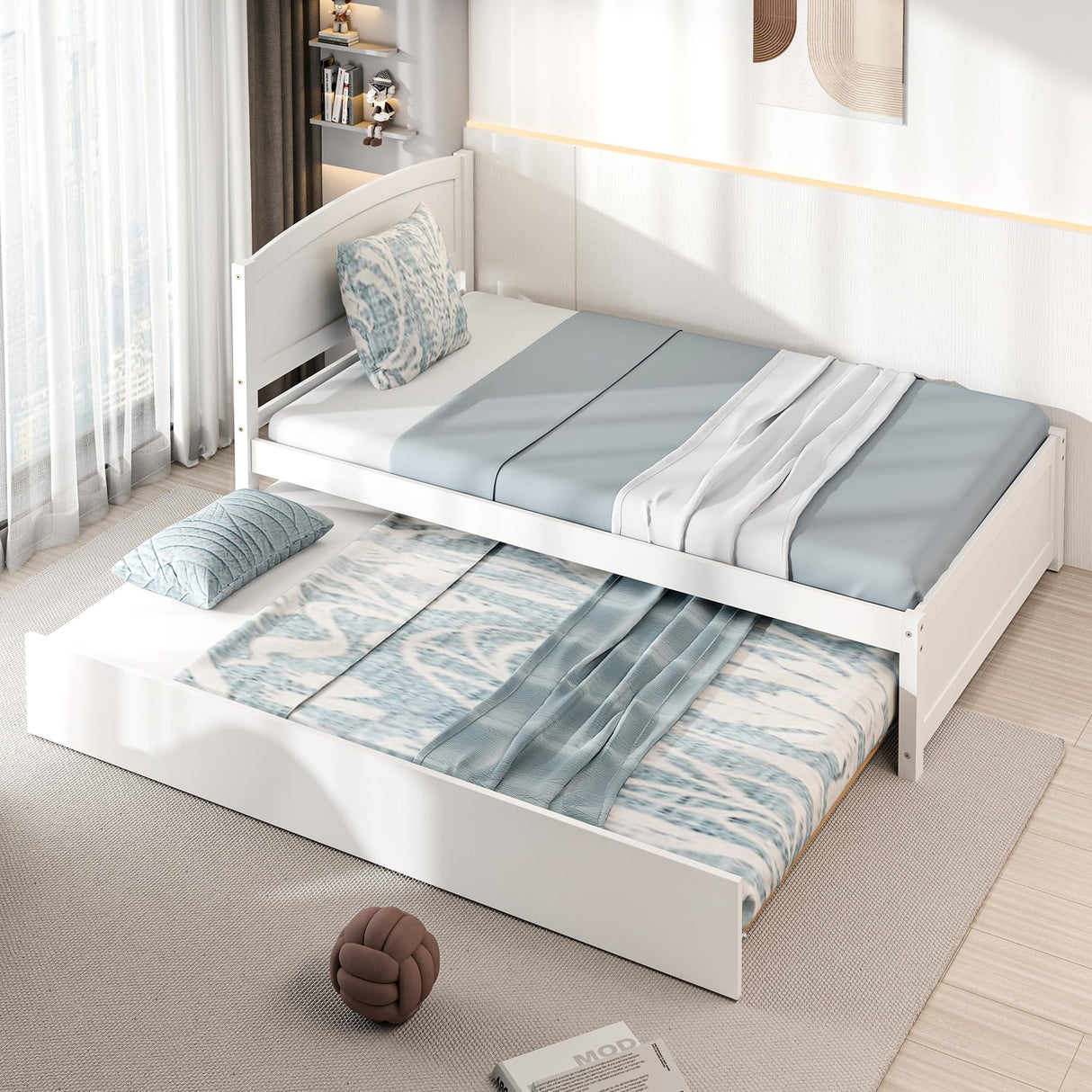 Callales Twin Trundle Bed, Solid Wooden Pull Out Bedframe, Extendable Day Bed with Headboard and Soild Wood Slats Support, Bedroom, Living Room, Guest Room, No Box Spring Needed (White) Callales