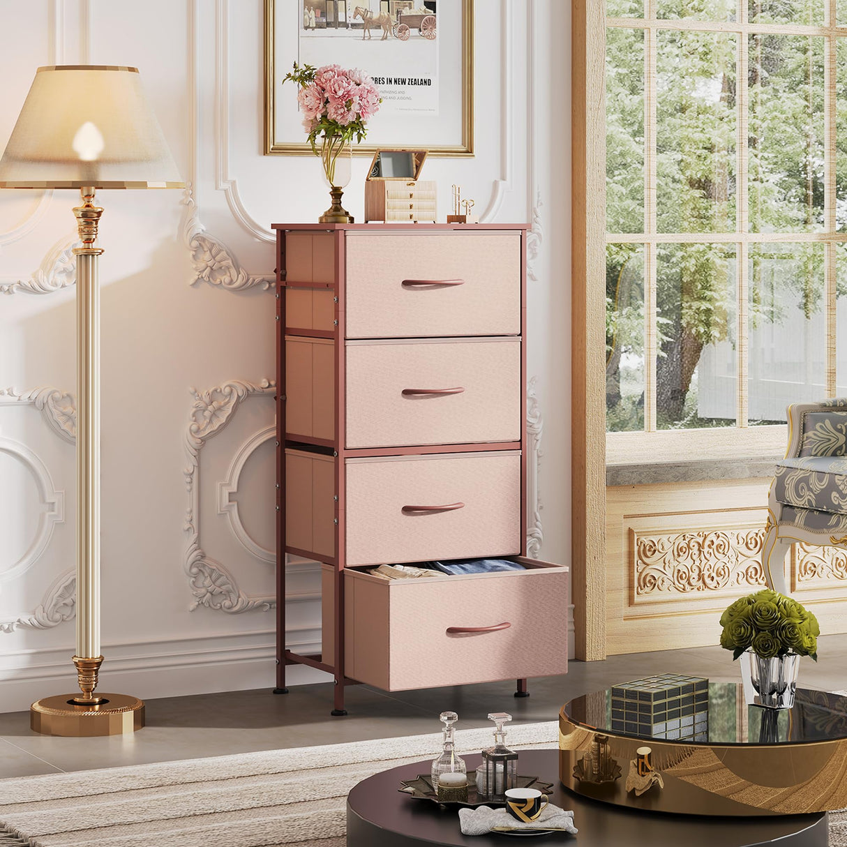 WLIVE 4 Drawers Dresser for Bedroom, Pink Rose Gold Fabric Clothes Storage Organizer Unit, Dresser for Hallway, Entryway, Closets, Sturdy Steel Frame, Wood Top WLIVE