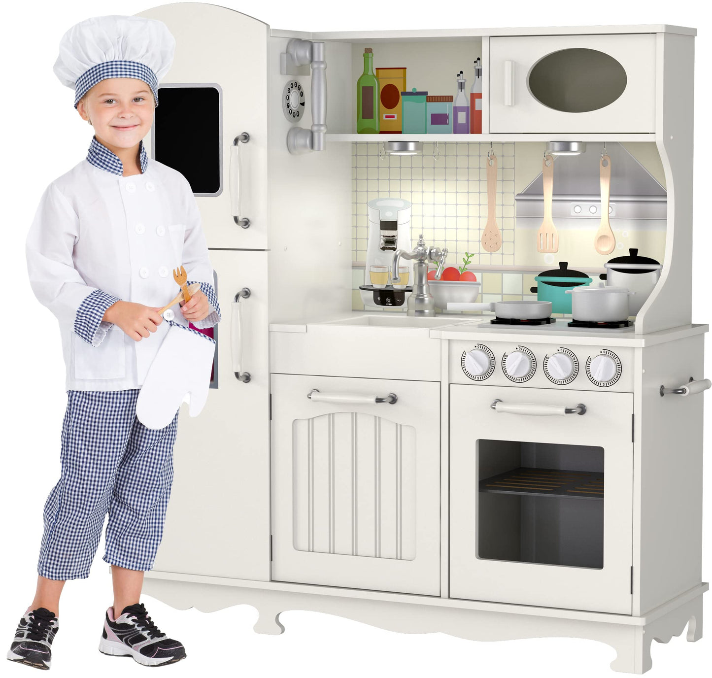 Play Kitchen - Wooden Kitchen Playset for Toddlers & Big Kids - Mini Pretend Toy Kitchenette for Boys & Girls - Vintage Phone, Refrigerator & Ice Maker, Sink, Pots, Pans, Cooking Utensils - Ages 3-8